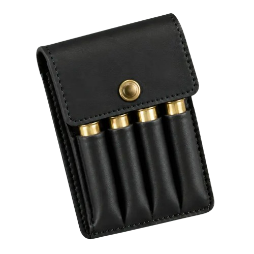 Premium black cartridge pouch designed for outdoor and field use. Features a secure fold-over flap with a brass snap button closure, heavy-duty edge stitching, and individual loops to hold four rifle rounds securely in place.
