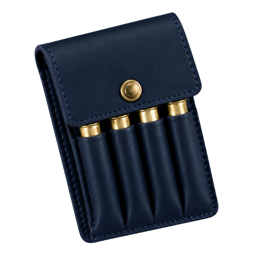 Blue leather cartridge pouch holding four brass rifle rounds, featuring a snap closure and stitched edges