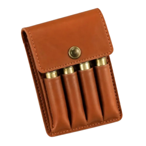 Tan brown leather cartridge pouch holding four brass rifle rounds, featuring a snap closure and stitched edges