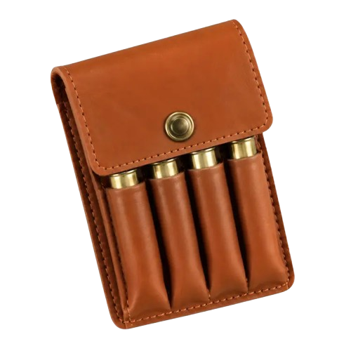 Tan brown leather cartridge pouch holding four brass rifle rounds, featuring a snap closure and stitched edges