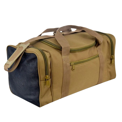 tan brown sports duffel bag with multiple pockets