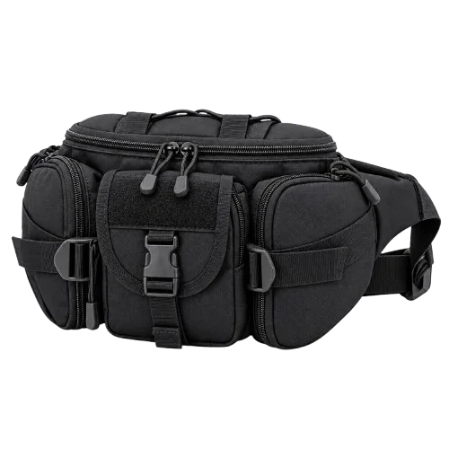 Black tactical waist bag with multiple compartments and adjustable belt