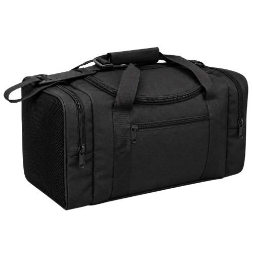 black sports duffel bag with multiple pockets