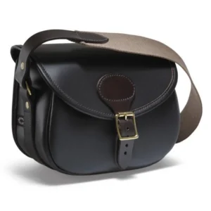 Dark brown leather cartridge bag with adjustable shoulder strap