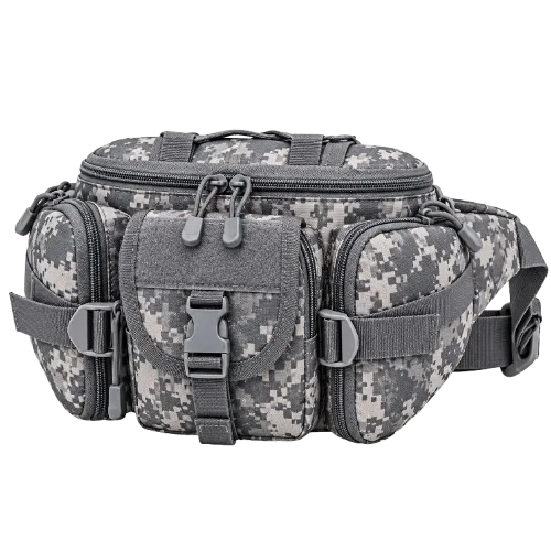 Grey tactical waist bag with multiple compartments and adjustable belt