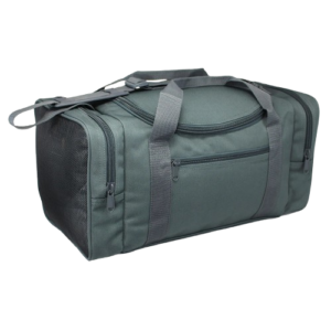 Grey sports duffel bag with multiple pockets
