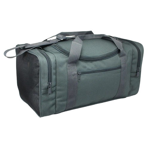 Grey sports duffel bag with multiple pockets